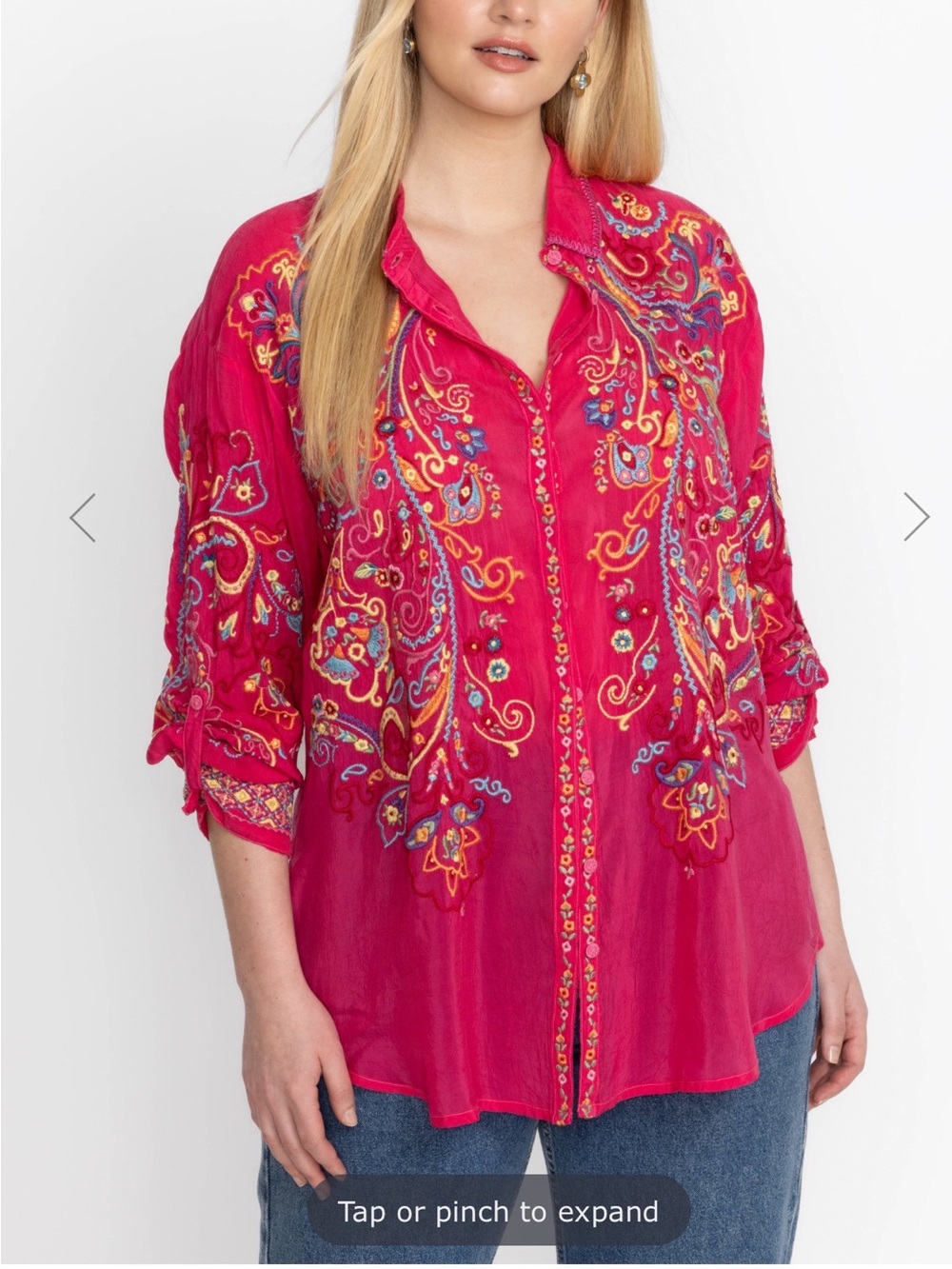 Johnnie Was Embroidered Fuchsia Button-Front Tunic